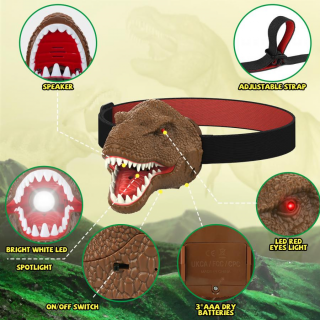 OXE LED ČELOVÁ LAMPA SO ZVUKOM DINOSAURUS, HNEDÁ